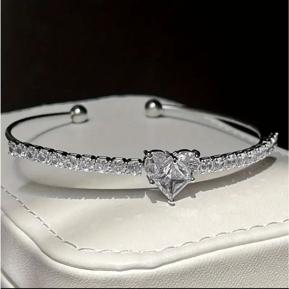 Silver Rhinestone Heart Bangle Bracelet - Picture 3 of 4